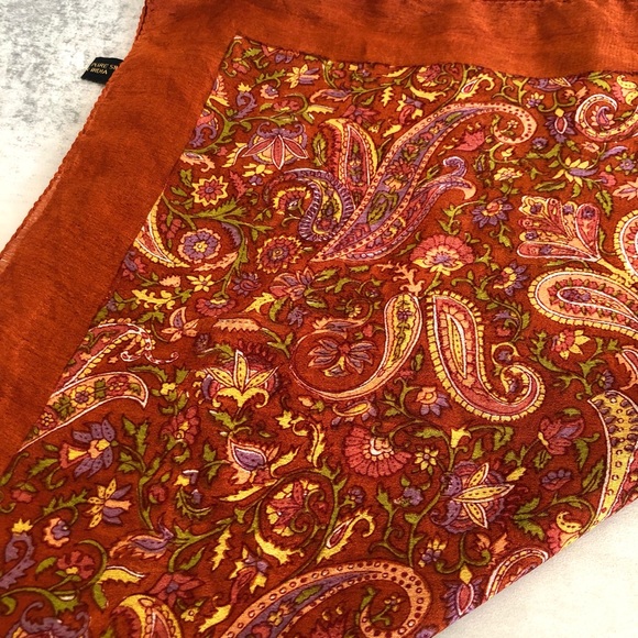 Handloom Pure Silk Scarf India Vibrant Rich Burnt Orange Terracotta  43”x43” - Picture 14 of 16